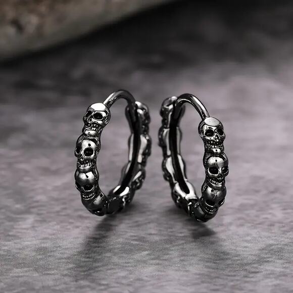 Gothic Black Hoop Earrings – Edgy Skull Design for Punk & Alternative Style - Picture 1 of 1
